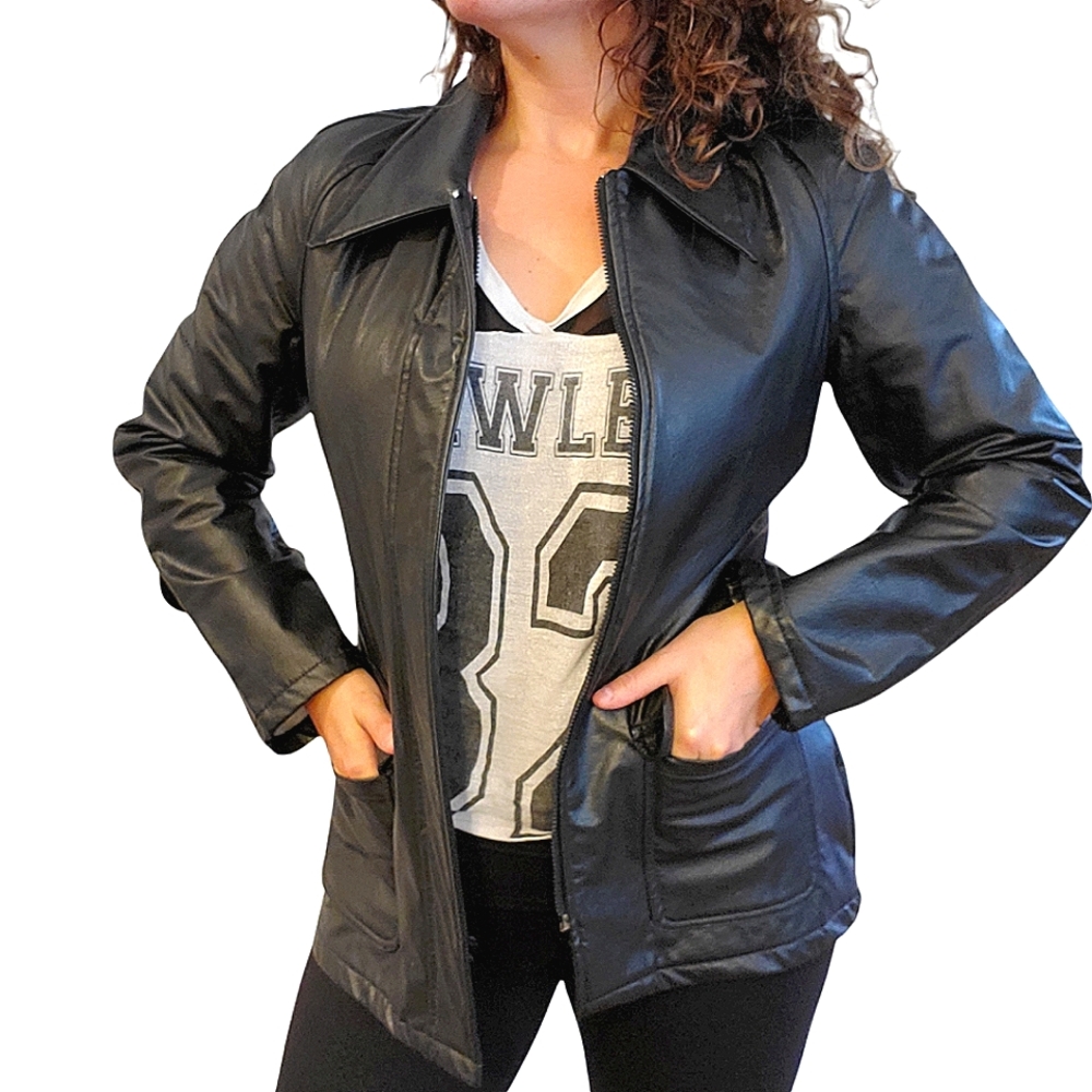 Black Faux Leather Womens Jacket Trench Style By Laberinto Medium